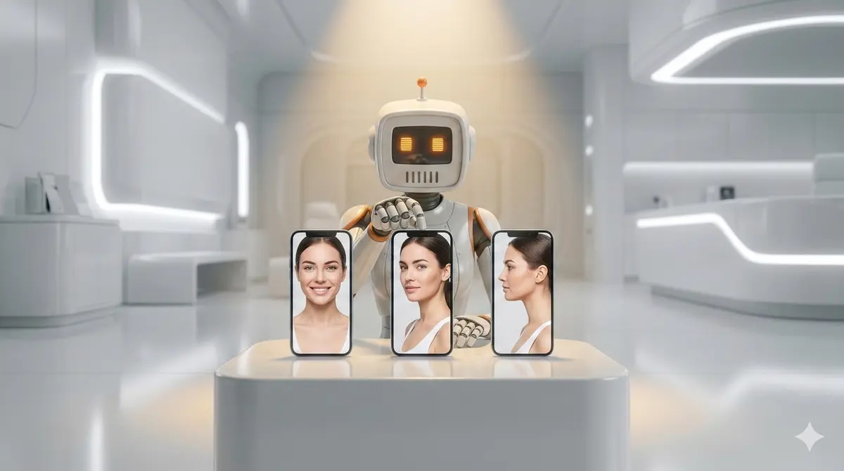 The robot looking at phones, choosing a character